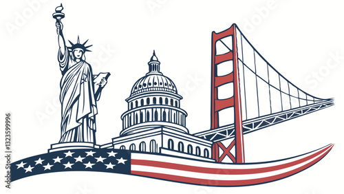 Iconic symbols of America including the Statue of Liberty, Golden Gate Bridge, and the Capitol Building set against a waving flag background