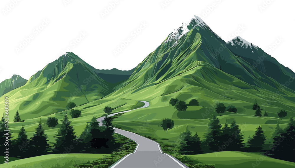 Fototapeta premium Green mountain road path, vector of forest landscape, isolated on white, uphill journey, mountain view, scenic forest, outdoor path, nature road, serene landscape, tranquil view.