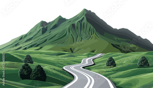 Road going up to top of green mountain forest, isolated on white background, scenic view, nature path, forest journey, outdoor landscape, mountain scenery, peaceful road