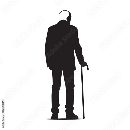 Aging Scholar Standing Oldman silhouette, a lifetime of learning in his stance - Oldman illustration - Minimalist Standing Oldman vector - Knowledgeable figure
