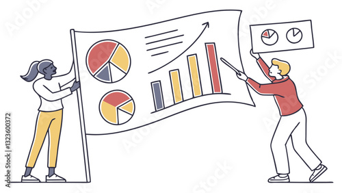 Vector illustration of a person presenting data analysis charts in a professional setting during a business meeting