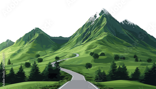 Green mountain road path, vector of forest landscape, isolated on white, uphill journey, mountain view, scenic forest, outdoor path, nature road, serene landscape, tranquil view.