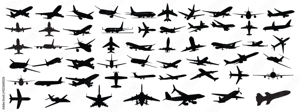 Fototapeta premium Different black silhouettes of airplane, vector design