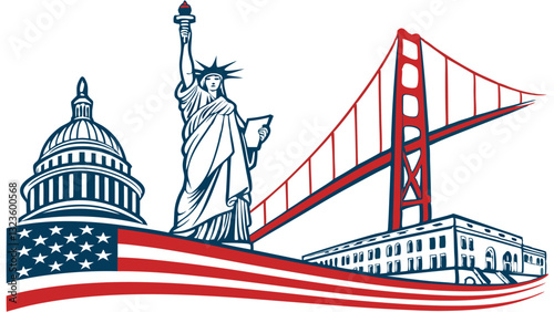 Iconic symbols of America including the Statue of Liberty, Golden Gate Bridge, and the Capitol Building set against a waving flag background