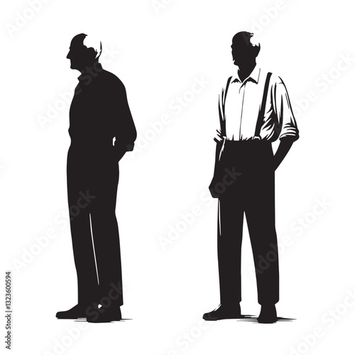 Philosophical Standing Oldman silhouette, contemplating the mysteries of life - Oldman illustration - Minimalist Standing Oldman vector - Thoughtful oldman
