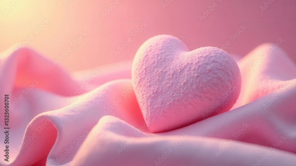 Obraz premium A Delicate Pink Heart Rests Gently on Soft Fabric, Illuminated by Warm, Gentle Light