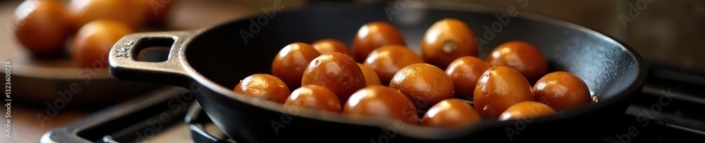 Roasted chestnuts in a cast iron pan on the stovetop, utensils, cast iron Roasted chestnuts in a cast iron pan on the stovetop, utensils, cast iron
