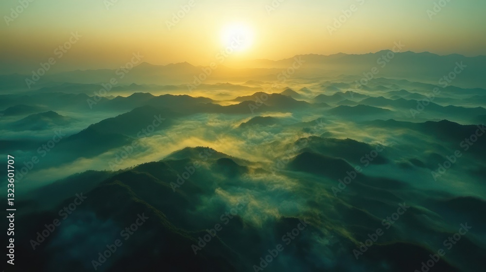 Fototapeta premium Sunrise over misty mountain range, aerial view