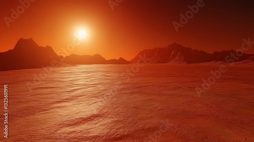 Martian Sunset Over Rugged Mountains And Plains