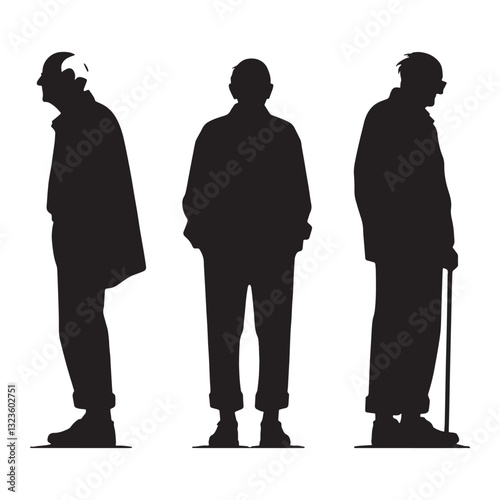 Weathered Standing Oldman silhouette, marked by years of experience - Oldman illustration - Minimalist Standing Oldman vector - Retired man
