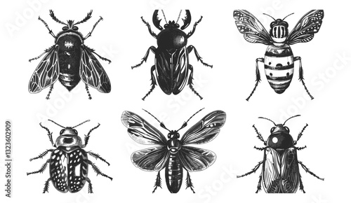 Black and white engrave insects vector illustration, isolated insect drawing, vintage entomology clipart, hand-drawn bug sketch, detailed nature engraving, scientific insect artwork