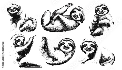 vector sloth set illustration isolated black and white engrave set, animal engraving, sloth vector, wildlife art, hand-drawn sloth design, nature illustration, sloth drawing, vector artwork