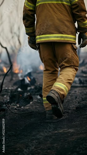 Courageous firefighter stands amid burned landscape after battling wildfires in a rural area