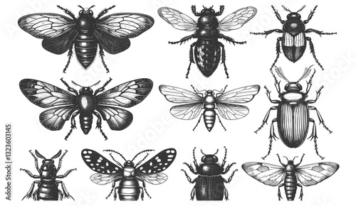 Black and white engrave insects vector illustration set, vintage entomology clipart, isolated insect drawing, hand-drawn bug sketch, detailed nature engraving, scientific insect artwork