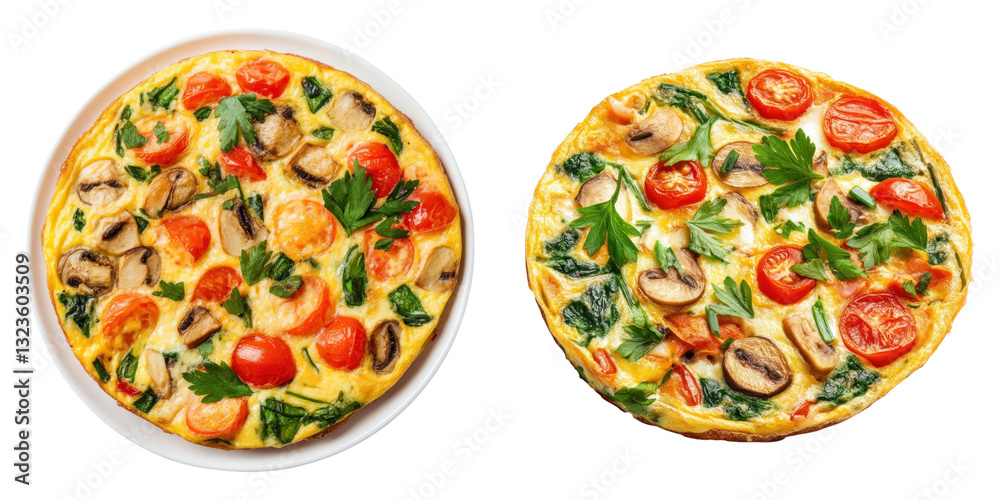 Two delicious vegetable frittatas with tomatoes, mushrooms, and spinach Two delicious vegetable frittatas with tomatoes, mushrooms, and spinach