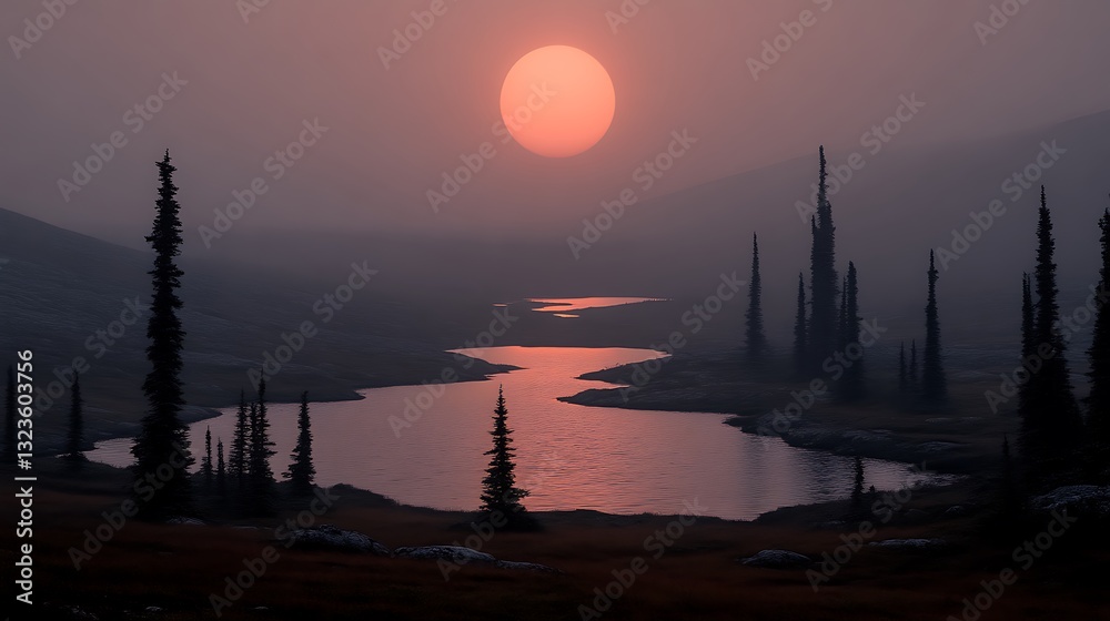 Naklejka premium Serene Sunset Over Mountain Lake and Pines