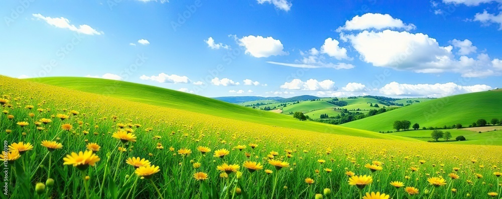Fototapeta premium Rolling hills and fields of wildflowers under a clear blue sky, green, field