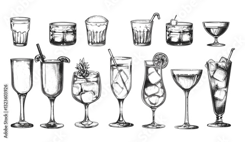 Black and white vector illustration drink set, engraved isolated, cocktail glasses, wine glass, vintage drawing, barware, classic design, line art, drinkware set, engraved drinkware
