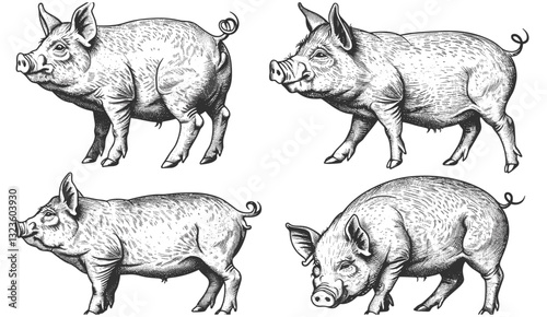 Black and white pig engrave vector, isolated pig illustration, vintage farm animal sketch, hand-drawn pig etching, rustic livestock graphic, pork emblem, hog artwork