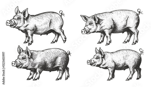 Hand-drawn pig vector illustration set, vintage farm animal etching, classic pork engraving, rustic livestock emblem, black and white hog sketch, swine graphic, traditional pig art