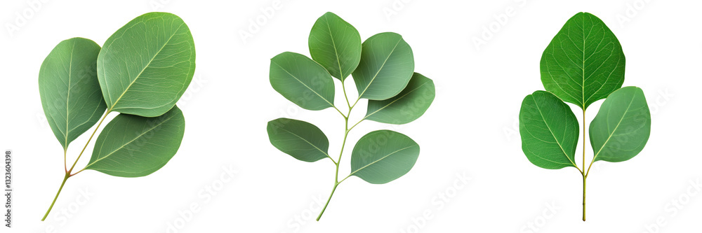 Fototapeta premium Three eucalyptus leaves isolated on transparency background, showcasing vibrant green hues