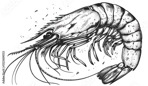 Black and white shrimp vector, monochrome shrimp illustration, detailed shrimp drawing, isolated shrimp design, ocean life shrimp art, seafood shrimp, engraving shrimp photo