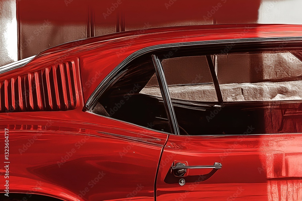 Fototapeta premium Close-up of a classic red muscle car focusing on its sleek body lines, chrome details, and vintage side window. The glossy paint reflects light, emphasizing the car’s timeless design and automotive cr