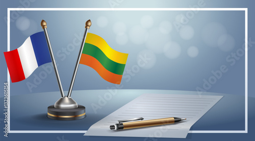 France and Lithuanian National flags on small table with bokeh background, cooperative relationship. Template vector Illustration