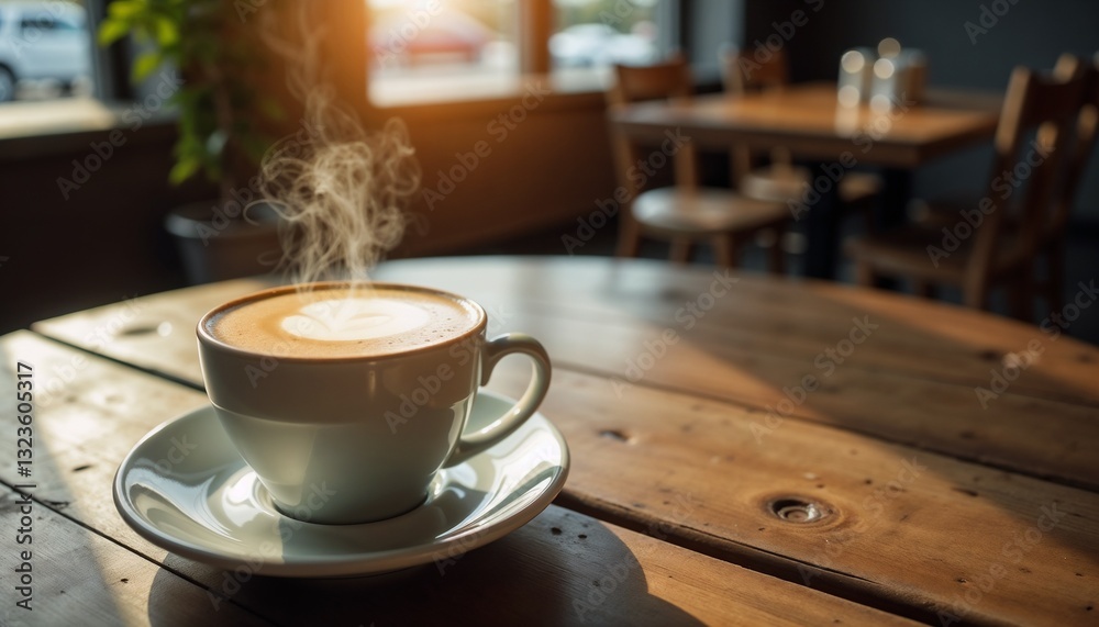 Steaming cup of coffee with latte art on a wooden table in a cozy café setting copy space Steaming cup of coffee with latte art on a wooden table in a cozy café setting copy space