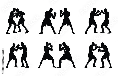 Boxer connecting a knockout punch Silhouette Set, Two Boxers Fighting Vector Black Clipart bundle