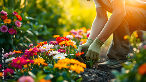 Person planting plants in a garden, hands in the rich soil, capturing the peaceful connection with nature and the rewarding process of fostering growth.

