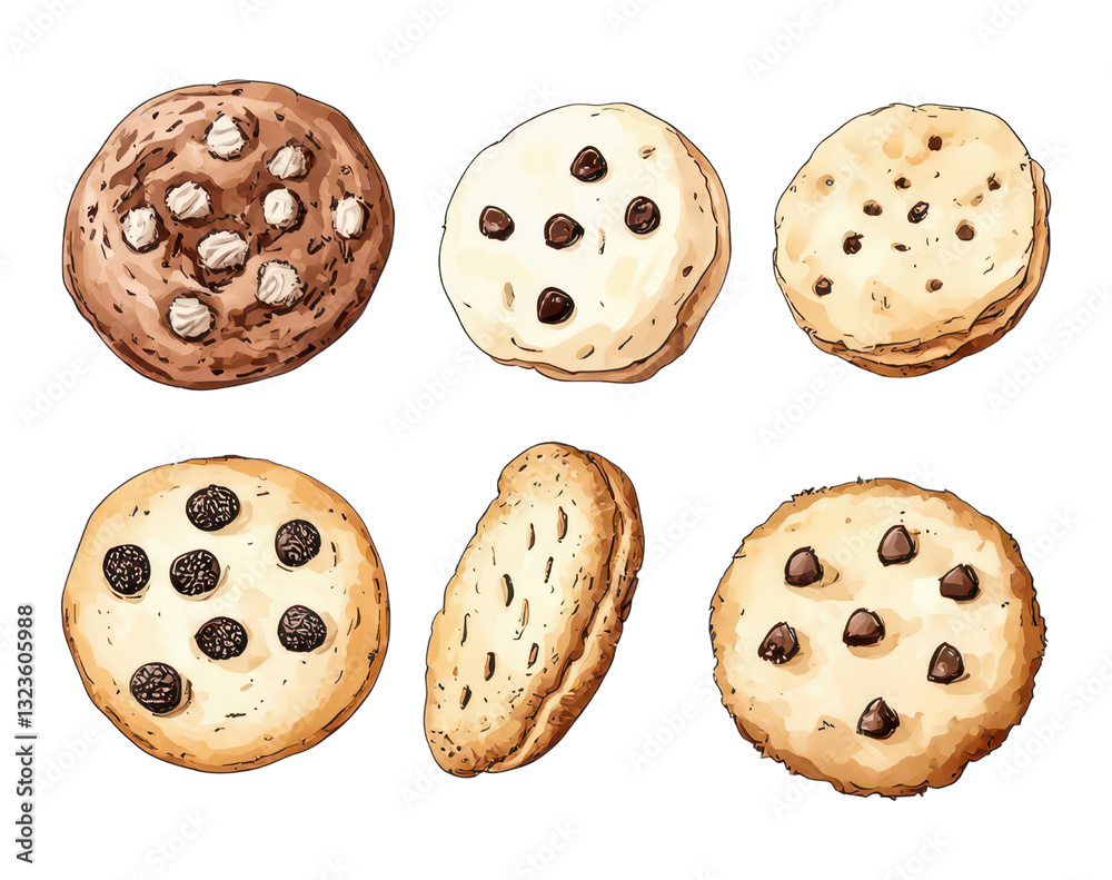 Fototapeta premium Assorted hand-drawn cookies with chocolate chips and nuts