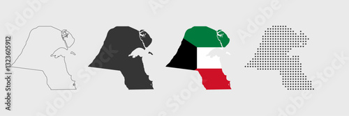 Kuwait map in various style outline, grey, flag color, dotted