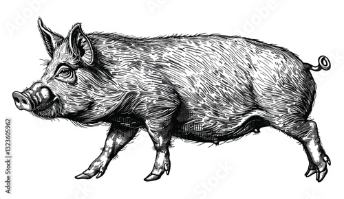 Vector pig engraving, black and white swine etching, rustic farm animal sketch, hand-drawn hog illustration, antique pork graphic, vintage livestock emblem, classic pork art