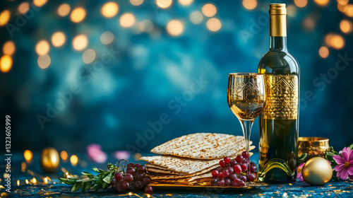 Pesach background. Passover celebration with wine and matzo on the wooden background. photo