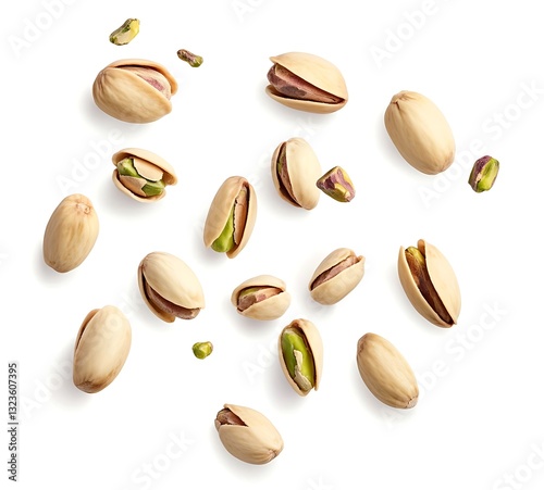 A top view of pistachios falling against a clean white background, showcasing their vibrant green shells and unique shapes in a dynamic, scattered arrangement.