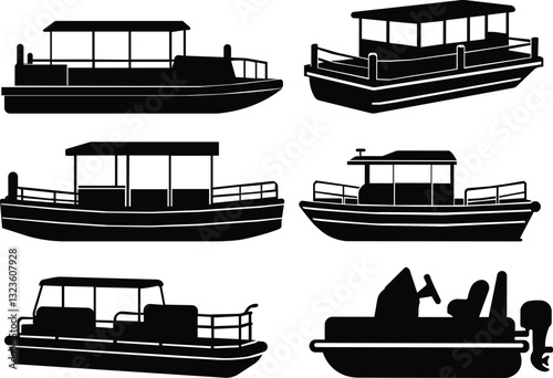 Pontoon boat icon set.Passenger transportation canopy marine leisure activity.Water transport ship vessel sea ocean river comfortable cruise recreation.boat Vector Illustrations for Design.