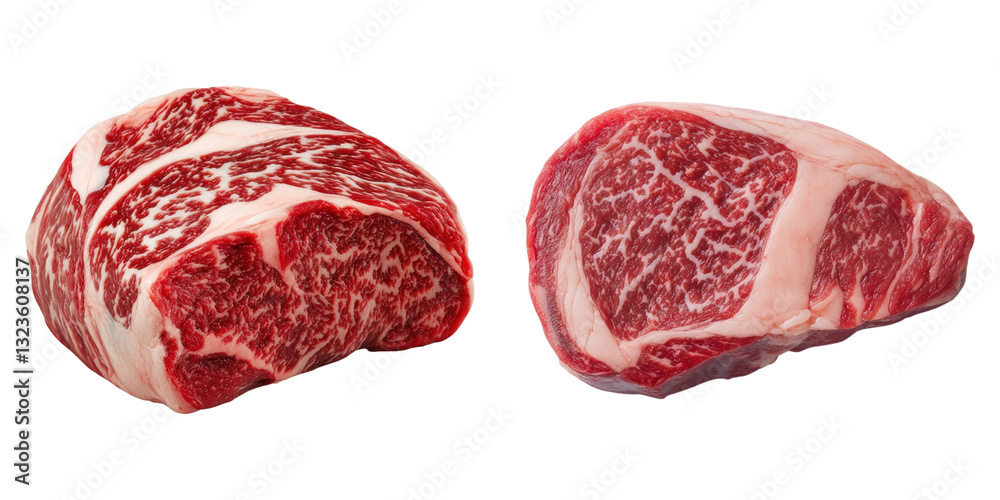 Obraz premium Two marbled raw beef steaks isolated on transparency background