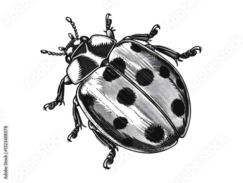 Engraved ladybug vector, hand drawn ladybird, isolated graphic, insect illustration, nature sketch, wildlife art, botanical engraving, entomology design