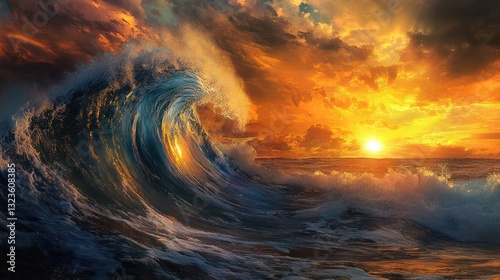 Ocean wave sunset dramatic sky art print