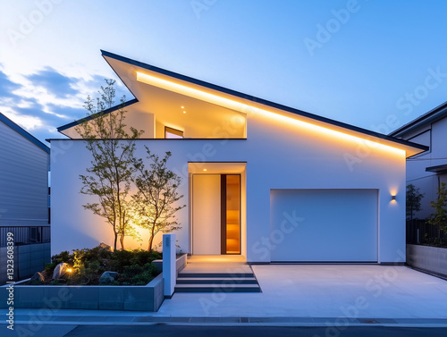住宅イメージ　モダンな戸建て住宅　夜の照明