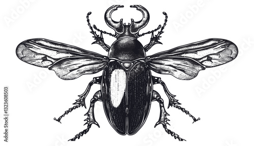 Hand drawn stag beetle, engraved vector illustration, insect graphic, isolated, wildlife, nature art, detailed horned beetle, entomology, sketch, realistic, natural illustration