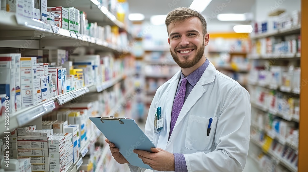 Pharmacist With Clipboard Smiling at Camera in Pharmacy Aisle Fully Stocked With Medicine Pharmacist With Clipboard Smiling at Camera in Pharmacy Aisle Fully Stocked With Medicine