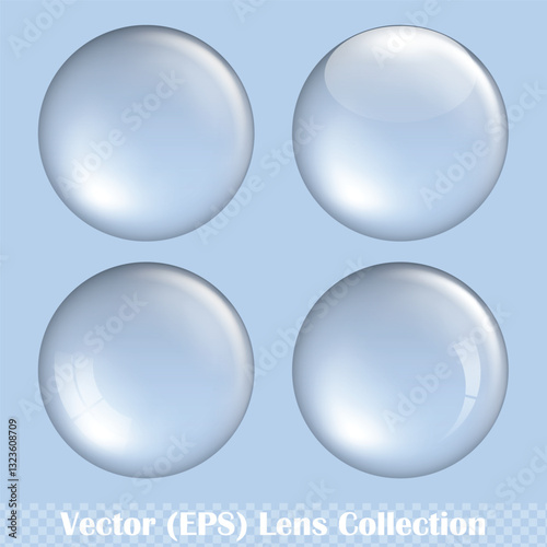 Transparent round lens set, realistic glass sphere for buttons on transparent background