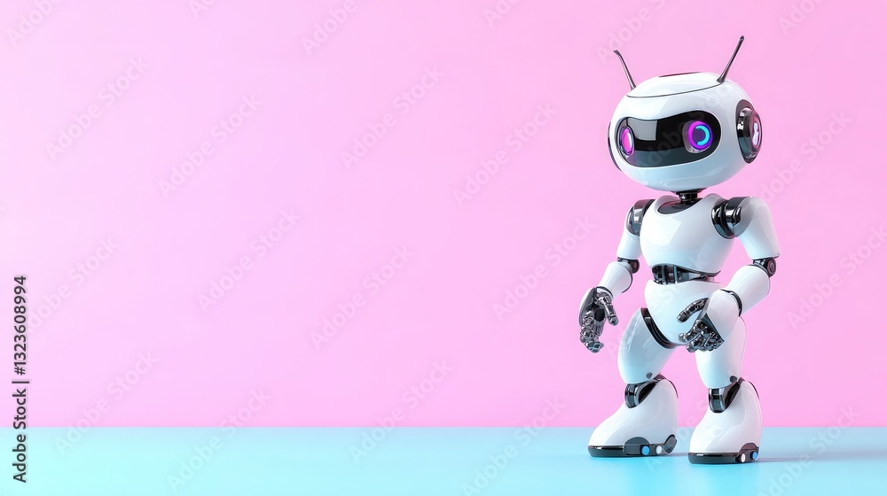 A cute white robot with pink and blue background. It stands on a light blue surface against a pink wall. The robot has glowing eyes. A cute white robot with pink and blue background. It stands on a light blue surface against a pink wall. The robot has glowing eyes.