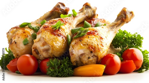 Grilled Chicken Drumsticks Served with Fresh Vegetables on a White Plate
