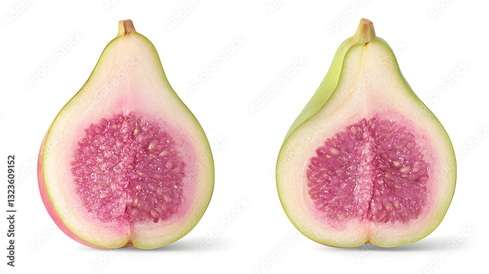 Freshly Sliced Fig Halves Showcasing Vibrant Pink Flesh and Green Skin on White Background Freshly Sliced Fig Halves Showcasing Vibrant Pink Flesh and Green Skin on White Background