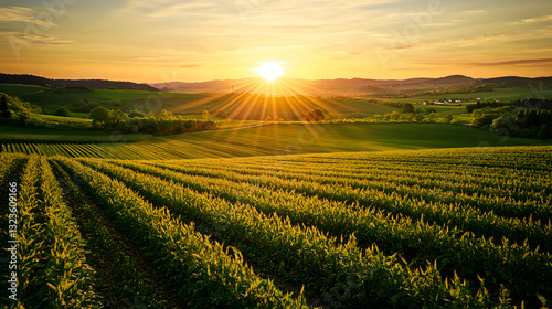 Generate an image of green fields, with different colors of green, the sky can be like evening, or dawn, or evening when the sun sets, the landscape is more diverse, somewhere in the distance there ca