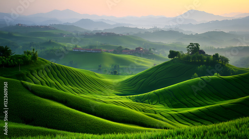 Generate an image of green fields, with different colors of green, the sky can be like evening, or dawn, or evening when the sun sets, the landscape is more diverse, somewhere in the distance there ca
