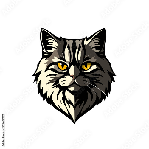 Bold black and white cat face illustration with striking yellow eyes on white background copy space